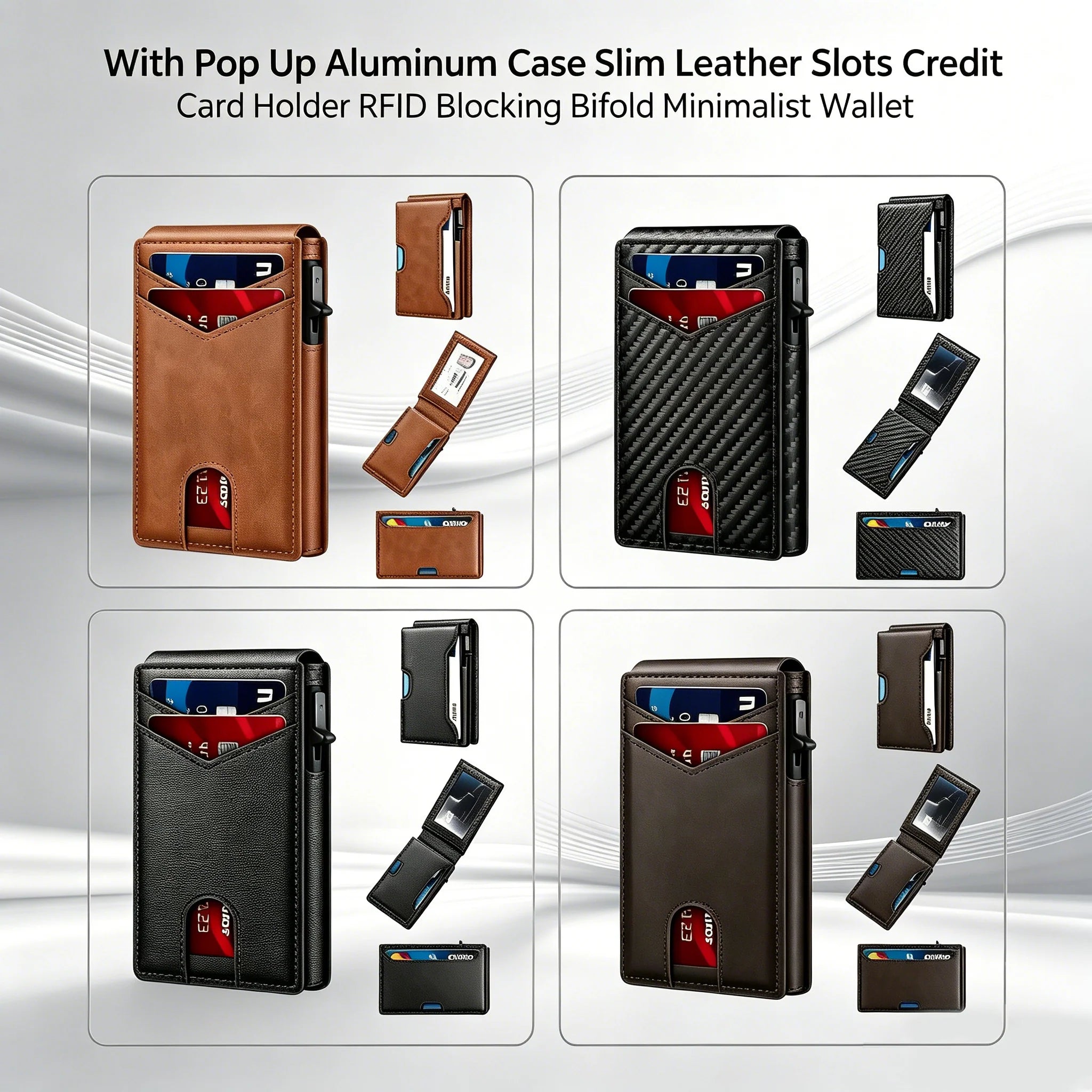 With Pop Up Aluminum Case Slim Leather Slots Credit Card Holder RFID Blocking Bifold Minimalist Wallet