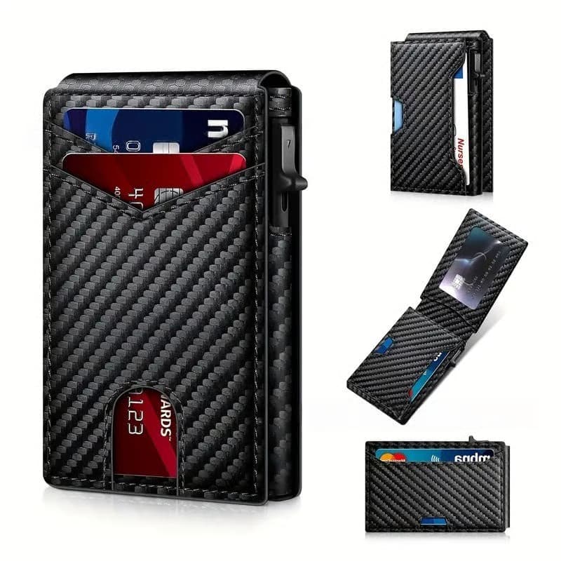 With Pop Up Aluminum Case Slim Leather Slots Credit Card Holder RFID Blocking Bifold Minimalist Wallet
