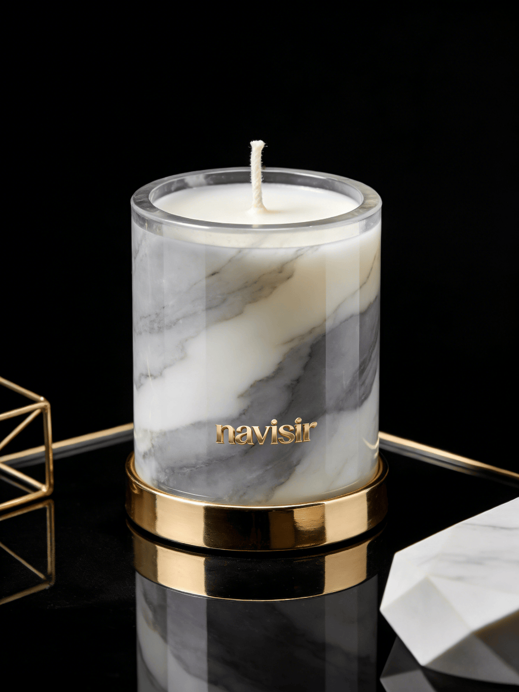 Navisir Translucent Marble Wax Candle with Gold Metal Base